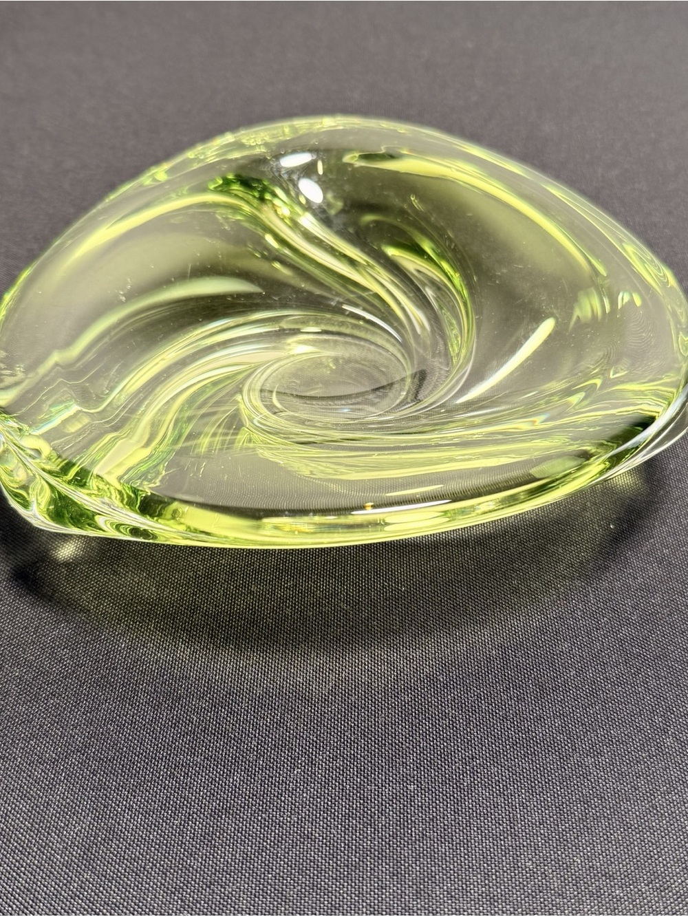 Signed Val St. Lambert Yellow-Green Swirl Art Glass Bowl Decorative Piece